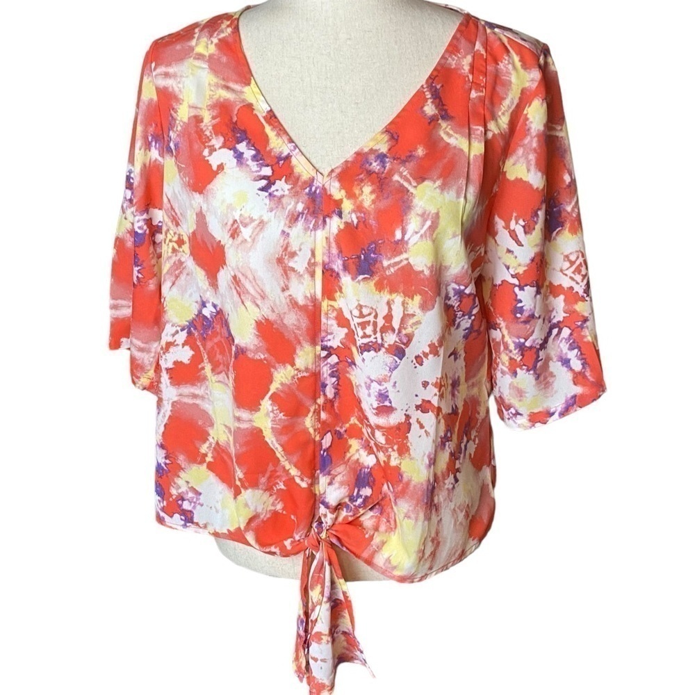 Belle by Kim Gravel Top 3/4 sleeves tie front size small orange purple